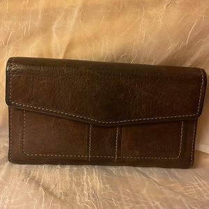 Fossil wallet with checkbook cover brown genuine leather